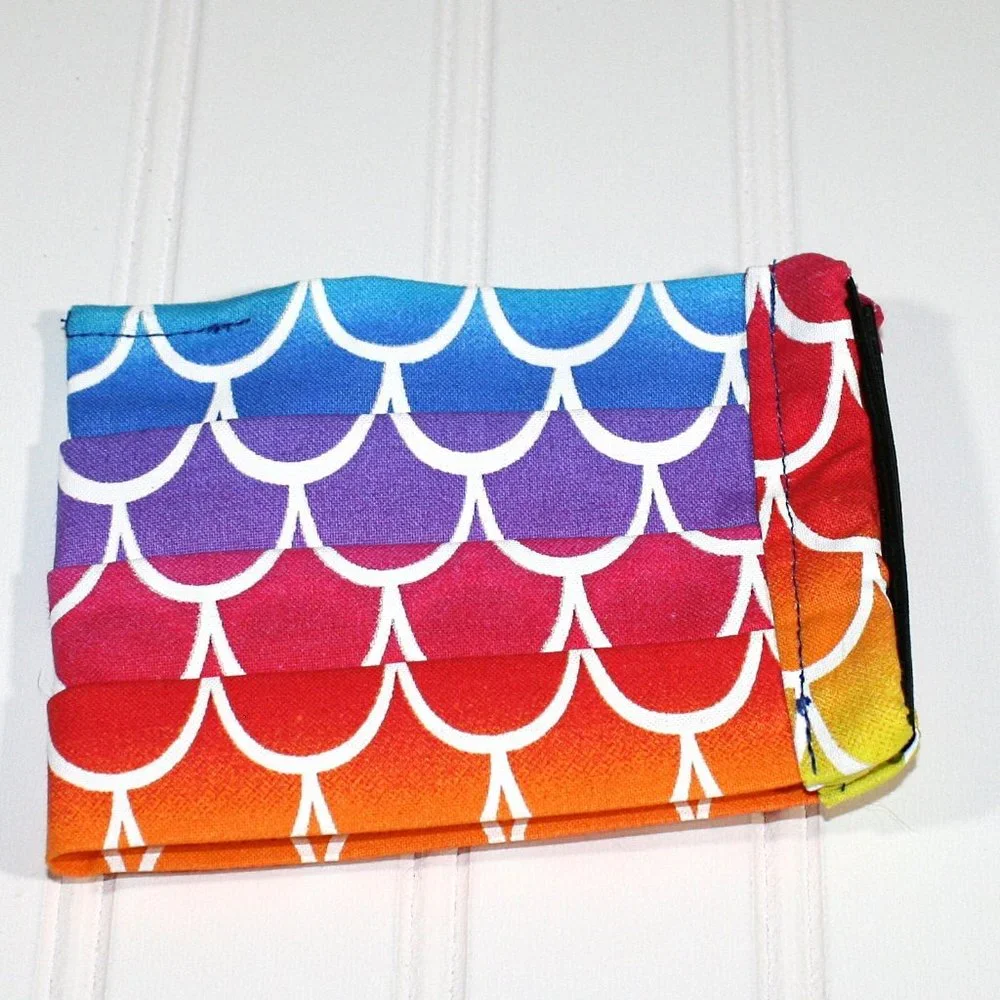 HAND CRAFTED Face Mask Rainbow Mermaid Stripes Cotton- Adult - Pocket Style